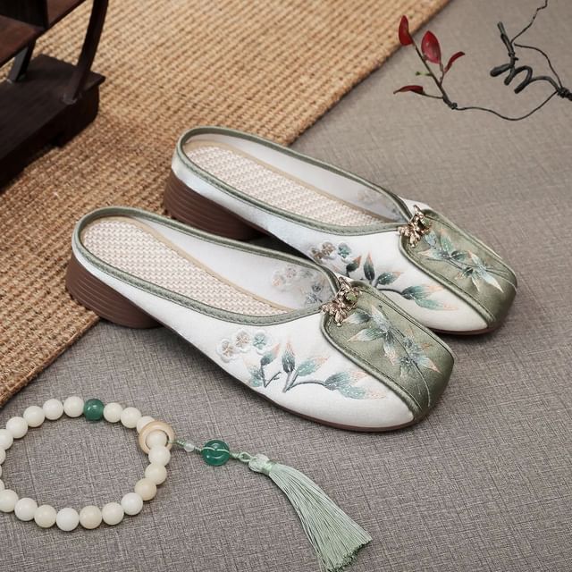Floral Embroidered Panel Mules