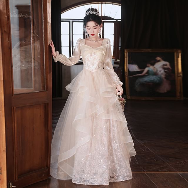 Square Evening Long Starry Sleeve A-Line Gown Neck