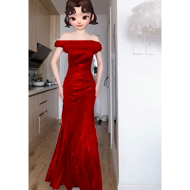 Feather Accent Off-The-Shoulder Glitter Mermaid Evening Gown