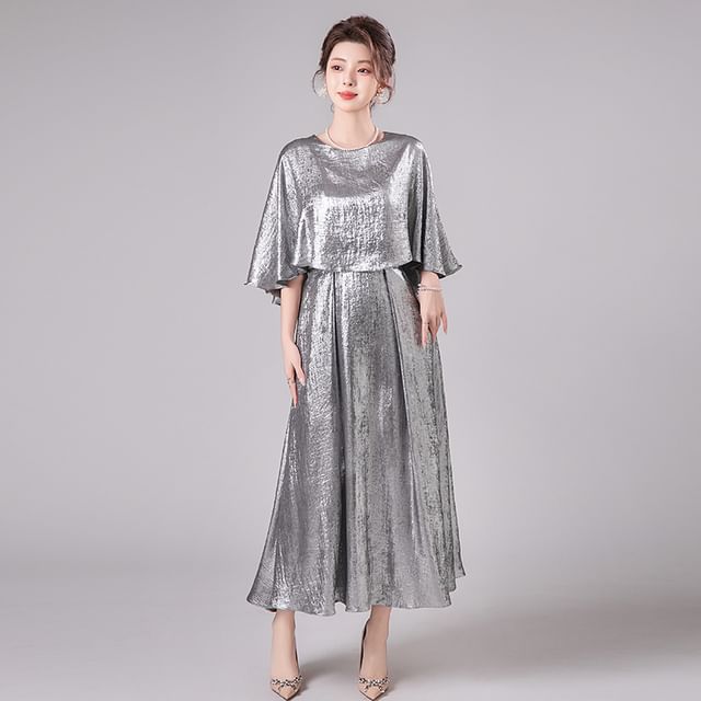 3/4-Sleeve Crew Neck Metallic A-Line Evening Dress