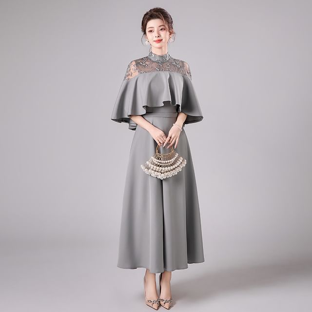 3/4-Sleeve Mock Neck Lace Panel Ruffle A-Line Evening Dress