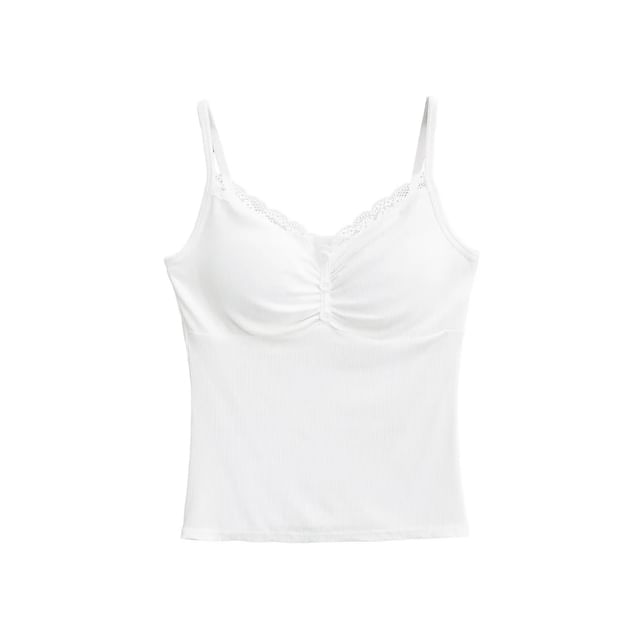 Shirred Ribbed Lace-Trim Cami Top