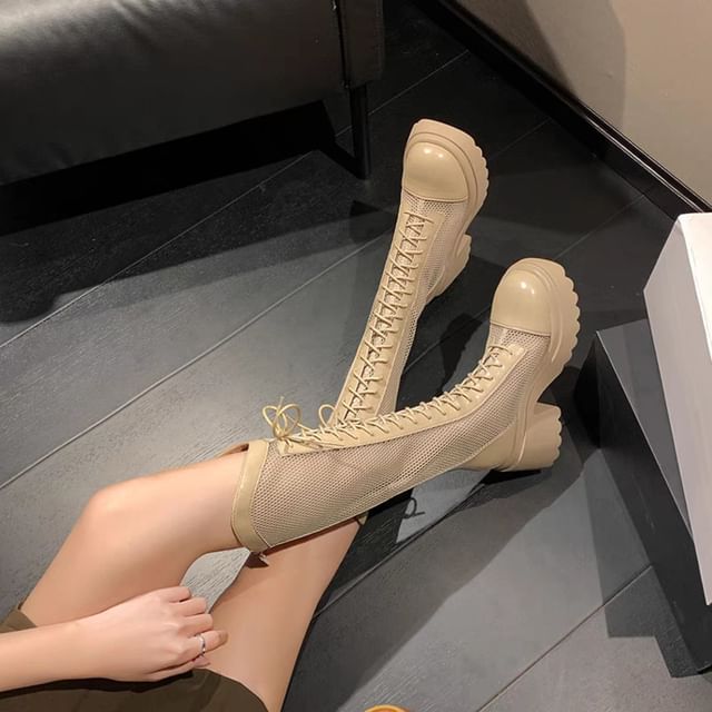 Heel Boots Tall Panel Mesh Lace-Up Platform Chunky