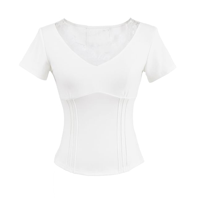 V-Neck Lace-Trim Short-Sleeved Top