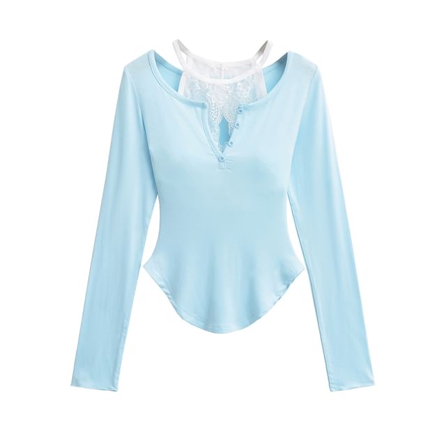 V-Neck Lace-Trim Long-Sleeved Tee
