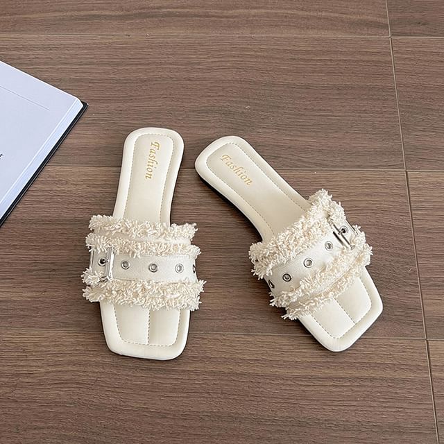 Square-Toe Buckled Tasseled Slide Sandals
