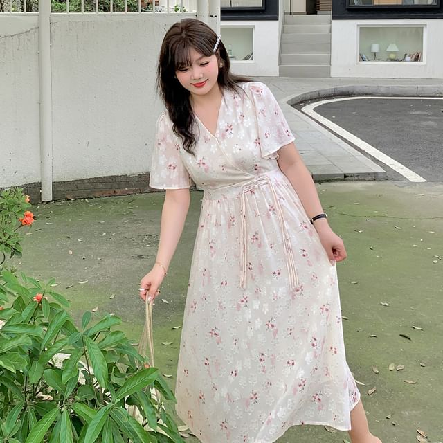 Plus Size Short-Sleeve V-Neck Floral Frog Button Midi A-Line Dress