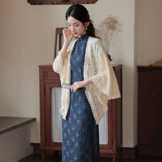 Short-Sleeve Flower Print Midi Qipao / 3/4-Sleeve Lace Cardigan / Set
