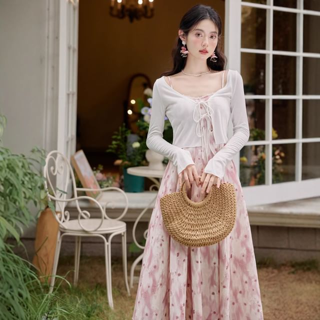 Spaghetti Strap V-Neck Floral Print Midi A-Line Dress / Plain Light Cardigan / Set