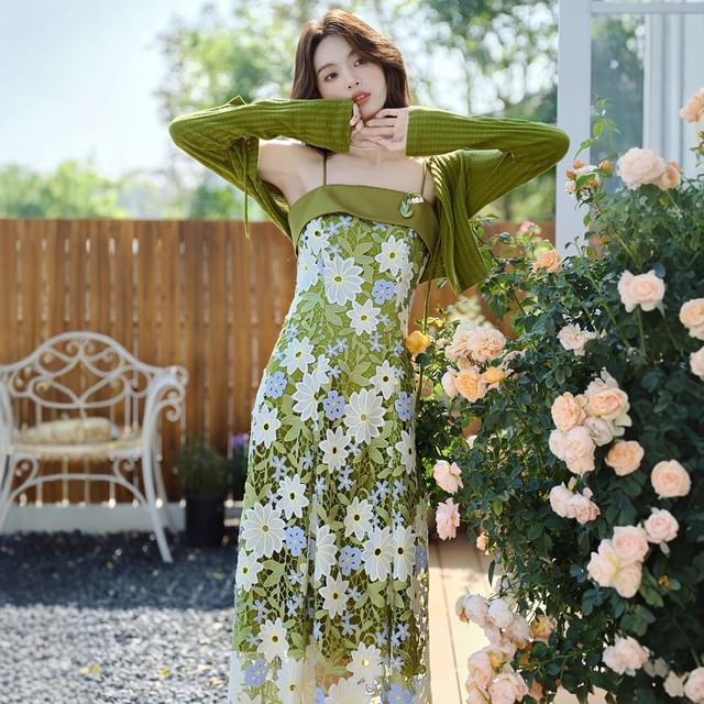 Spaghetti Strap Floral Print Midi A-Line Dress / Plain Crop Cardigan / Set