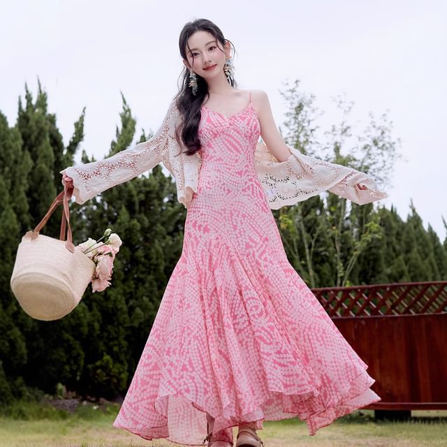 Spaghetti Strap V-Neck Polka Dot Ruffle Maxi A-Line Dress / Lace Cardigan / Set