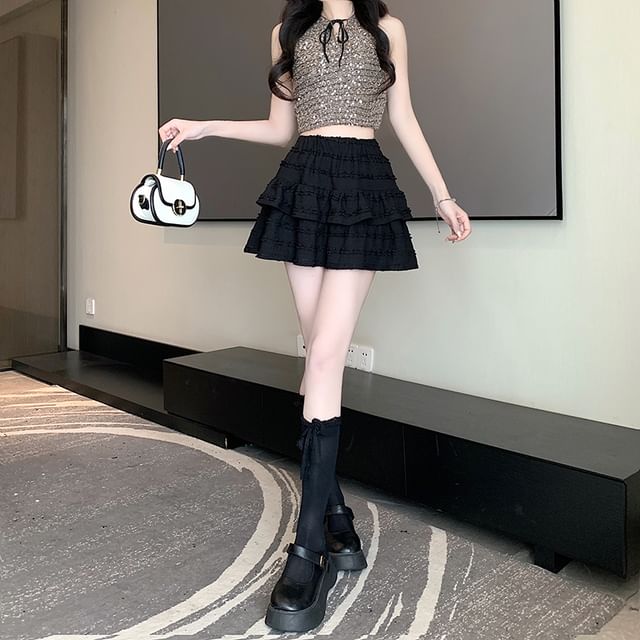 Balletcore Elastic Waist Plain Tiered Mini A-Line Skirt