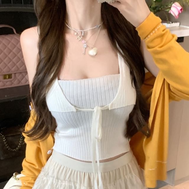 Plain Tie Front Ribbed Crop Knit Tank Top / Round Neck Contrast Stitching Cardigan