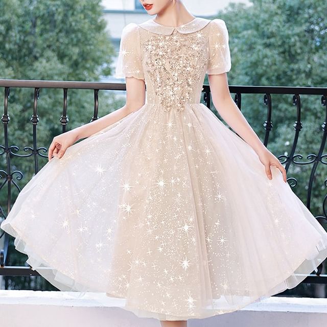 Short Sleeve Collared Sequin Embroidered Mesh A-Line Cocktail Dress (Various Designs)