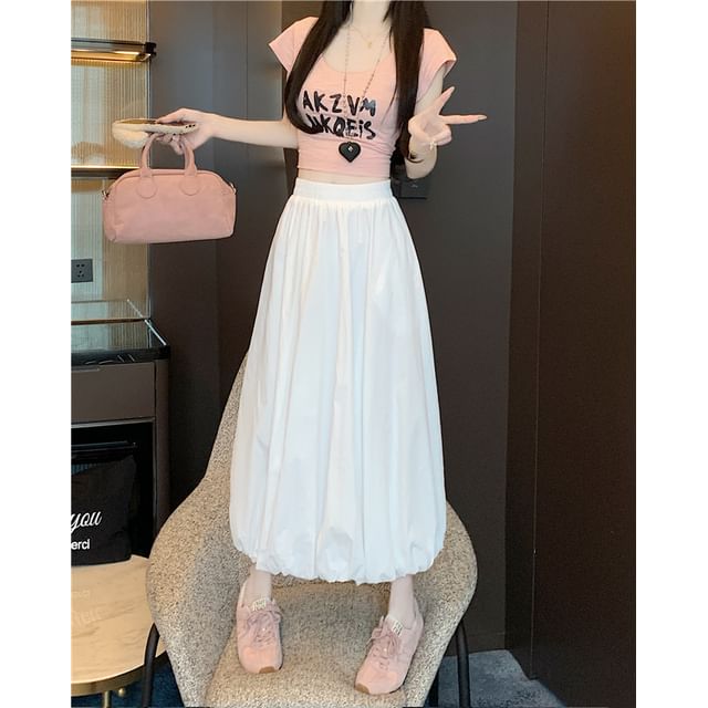 High Waist Plain Bubble Hem Midi A-Line Skirt
