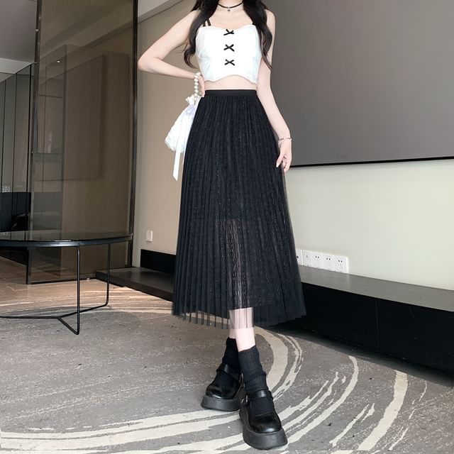 High Waist Plain Accordion Pleated Mesh Midi A-Line Skirt