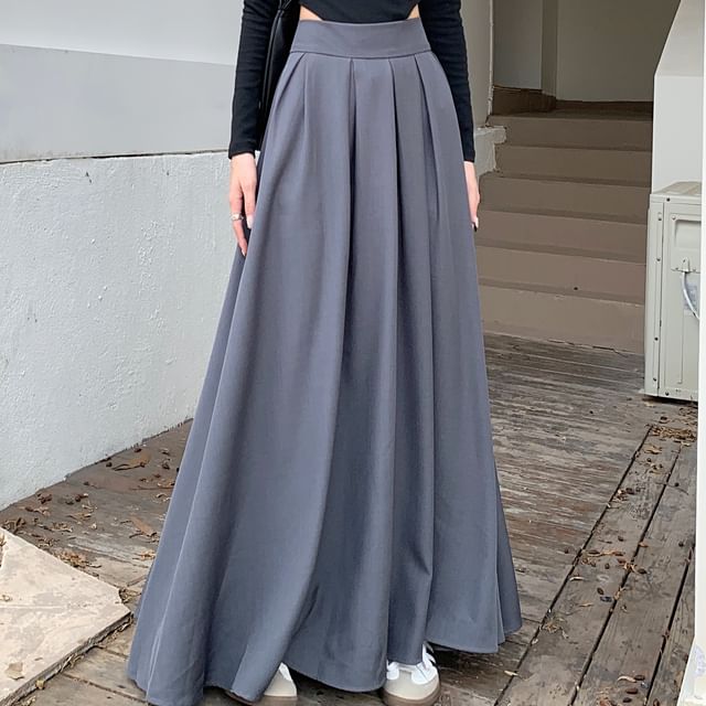 High Rise Plain Inverted Pleated Maxi A-Line Skirt