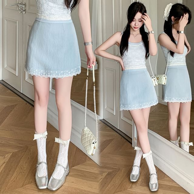 High Waist Plain Lace Trim Mini Pencil Skirt