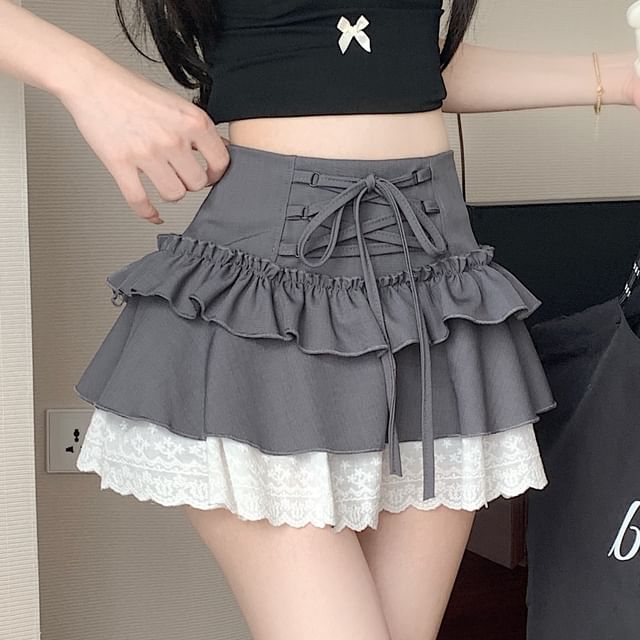 High Rise Plain Lace-Up Ruffle Lace Trim Mini A-Line Skirt