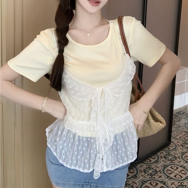 Set: Short-Sleeve Crew Neck Plain Tee + Floral Ruffle Sheer Cami Top