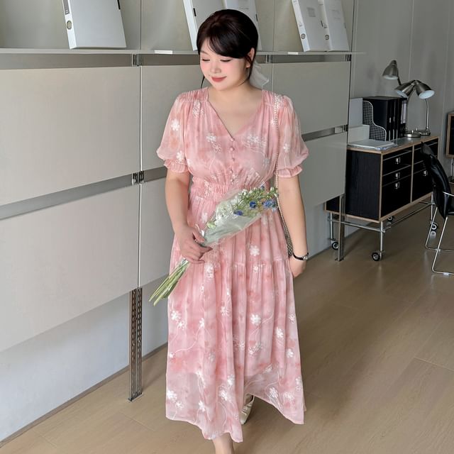 Plus Size Puff-Sleeve V-Neck Floral Midi Sundress