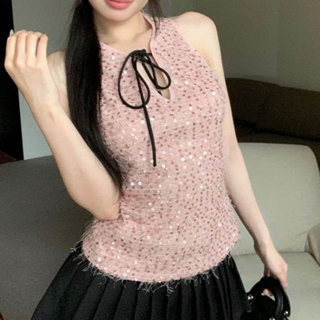 Sleeveless Tie Neck Sequin Top