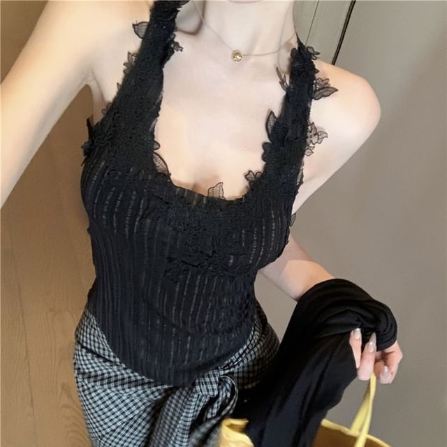 Scoop Neck Pinstriped Panel Lace Tank Top / Plain Cardigan / High Waist Plaid Tie-Up Maxi Pencil Skirt