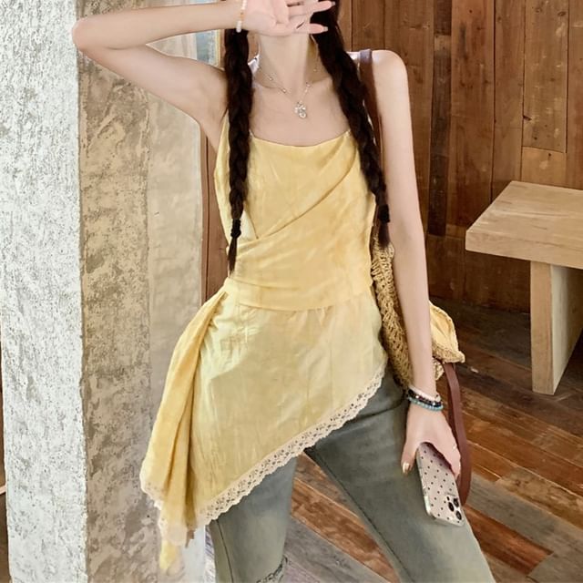 Patterned Print Asymmetrical Lace Trim Camisole Top