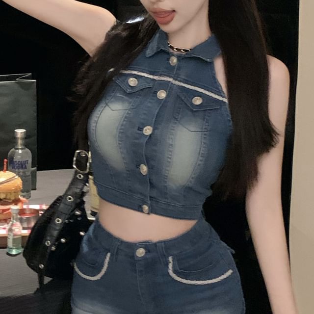 Collared Washed Crop Button Denim Vest / High Waist Mini Pencil Skirt