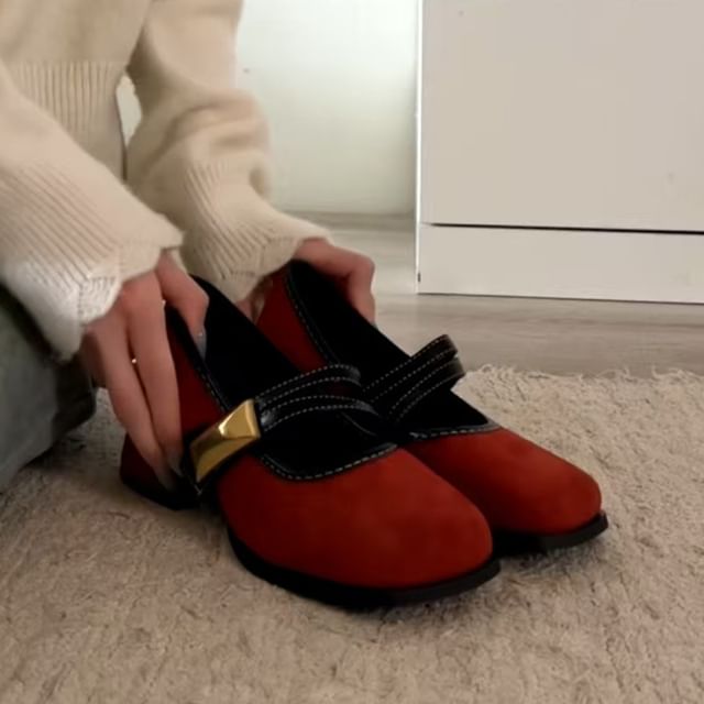 Block Heel Metallic Buckle Mary Jane Shoes