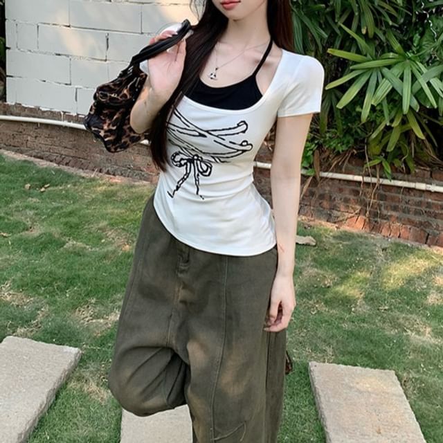 Short Sleeve Patterned Print Mock Two Piece Asymmetrical Tee