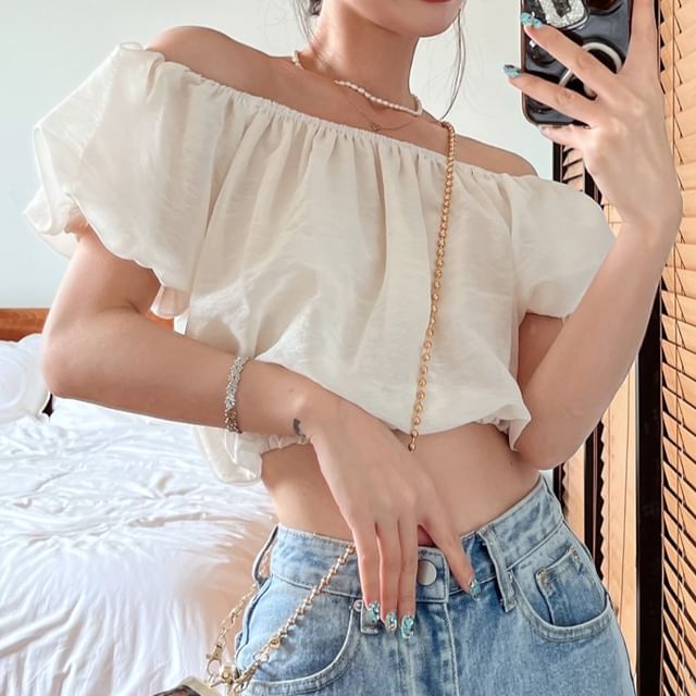 Puff-Sleeve Off Shoulder Plain Crop Blouse