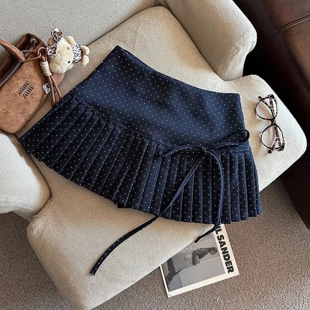 High Rise Dotted Mini Pleated A-Line Skirt