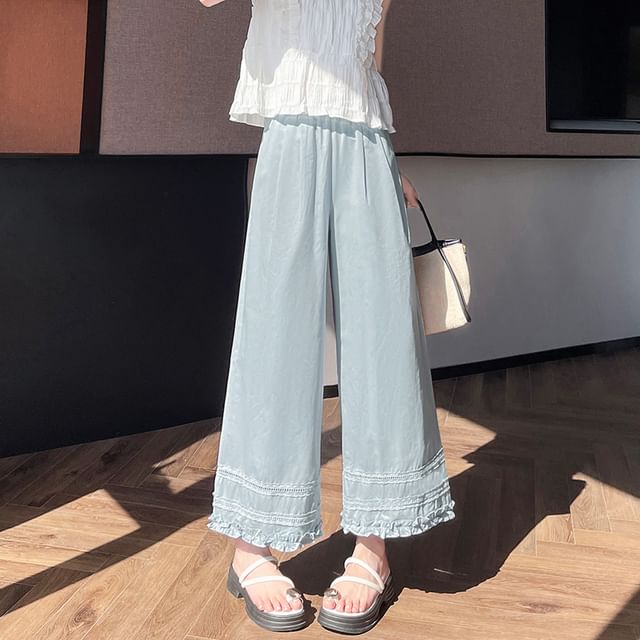 High Rise Plain Lace Panel Frill Trim Cropped Wide Leg Pants