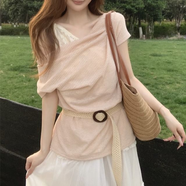 Short-Sleeve One-Shoulder Plain Tee