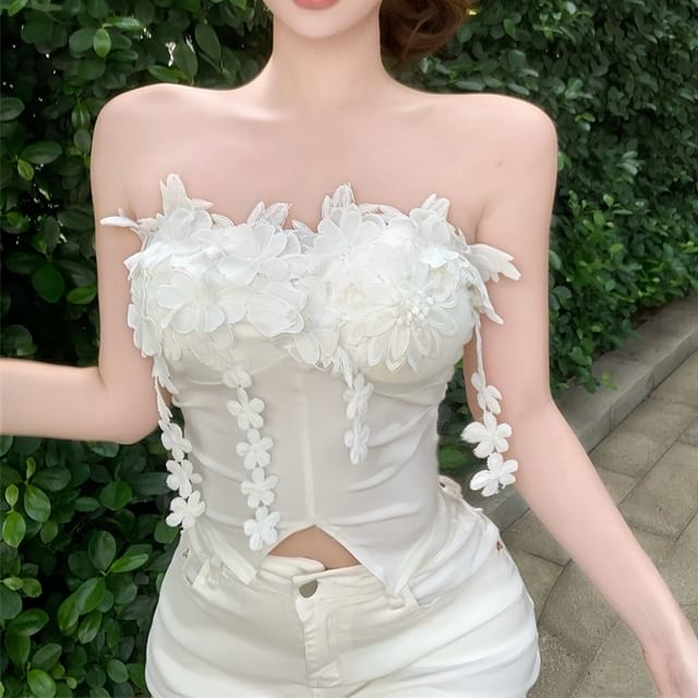 Plain Flower Detail Front-Slit Tube Top