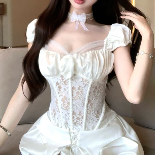 Puff-Sleeve Square-Neck Fishbone Lace Top / High Waist Balloon Shorts