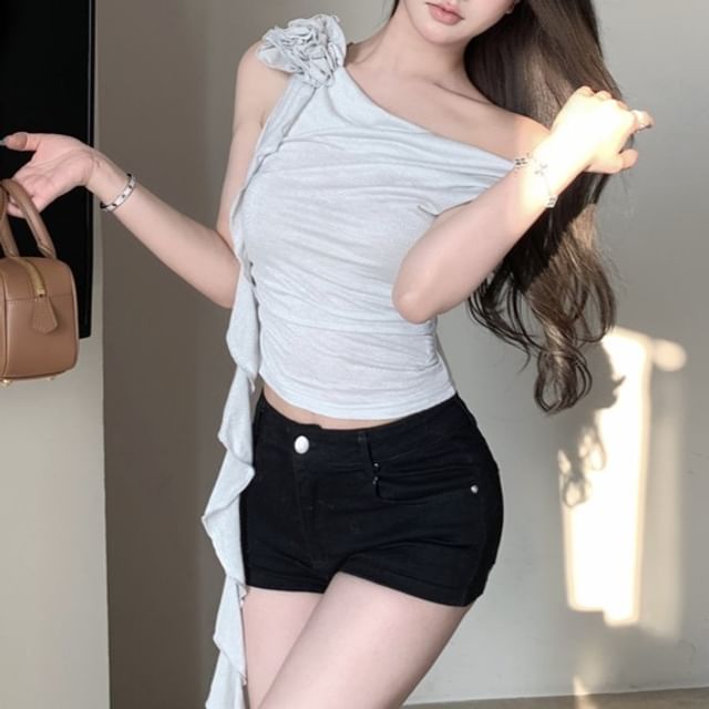 One-Shoulder Floral Plain Shirred Crop Top