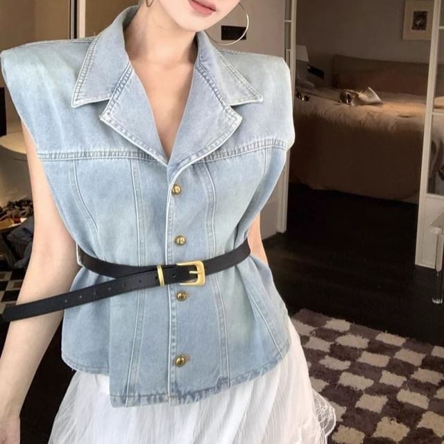 Washed Button-Up Denim Vest / High Rise Midi A-Line Layered Lace Skirt