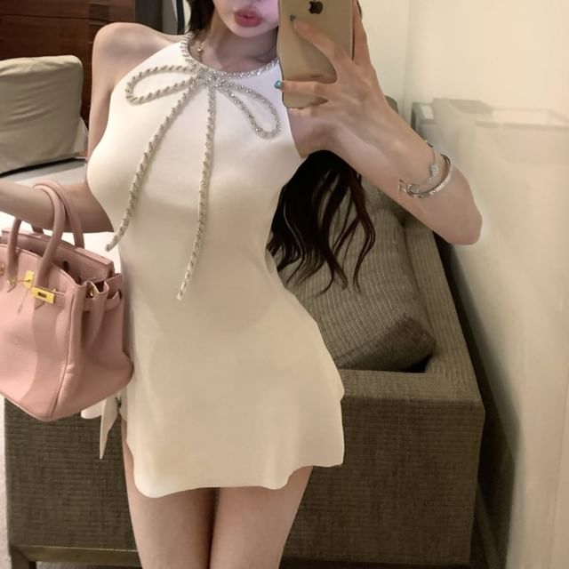 Slit Bow Mini A-Line Dress Rhinestone Halter-Neck