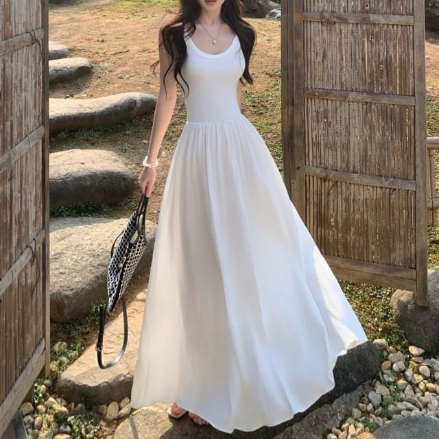 Strap Spaghetti Plain Dress Midi A-Line