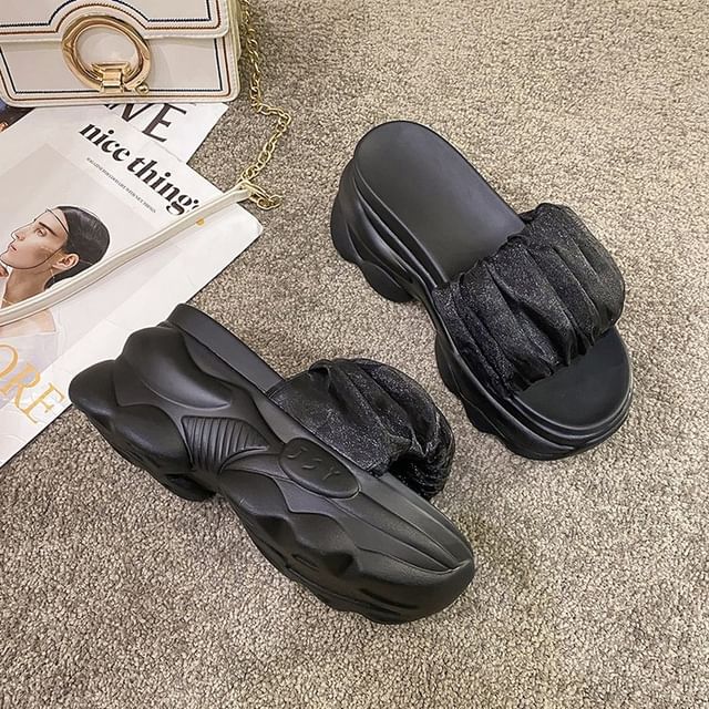 Sandals Slide Plain Ruched Platform