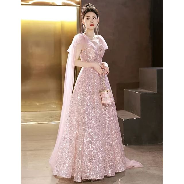 Panel A-Line Neck Crew Sleeveless Evening Gown Sheer Bow Accent Sequin