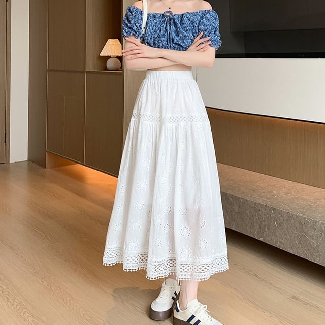 Elastic Waist Plain Embroidered Midi A-Line Skirt (Various Designs)