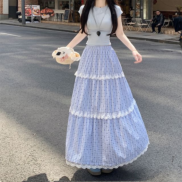 Elastic Waist Dotted Plaid Tiered Lace Trim Maxi A-Line Skirt