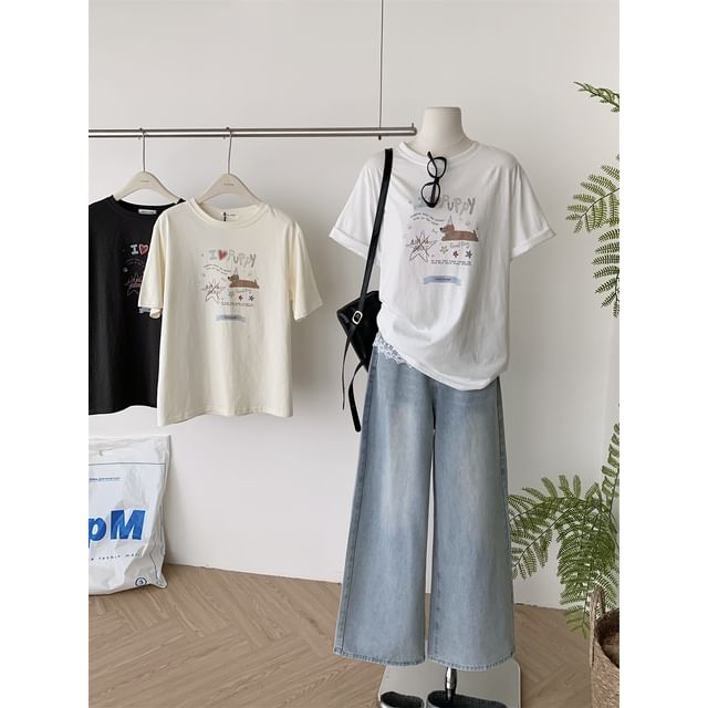 Short-Sleeve Crew Neck Cartoon Print Tee