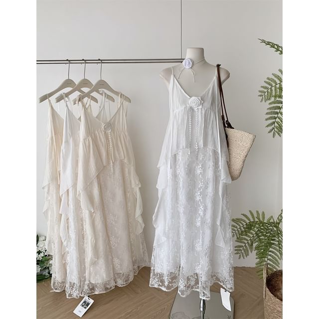 Spaghetti Strap V-Neck Lace Maxi A-Line Dress