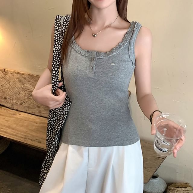 Crewneck Frill Trim Plain Tank Top