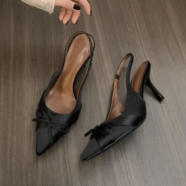 Pointed Toe Bow Satin Slingback Pumps