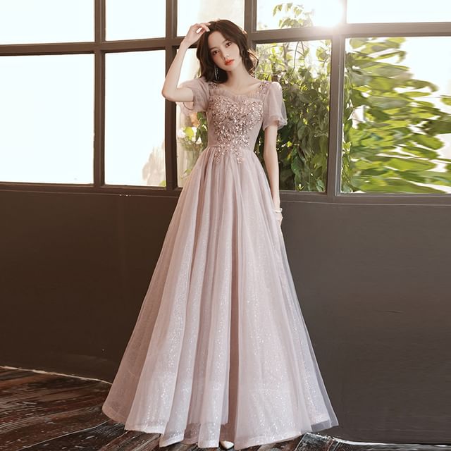 A-Line Gown Mesh Dress / Evening Short-Sleeve Sequin Midi